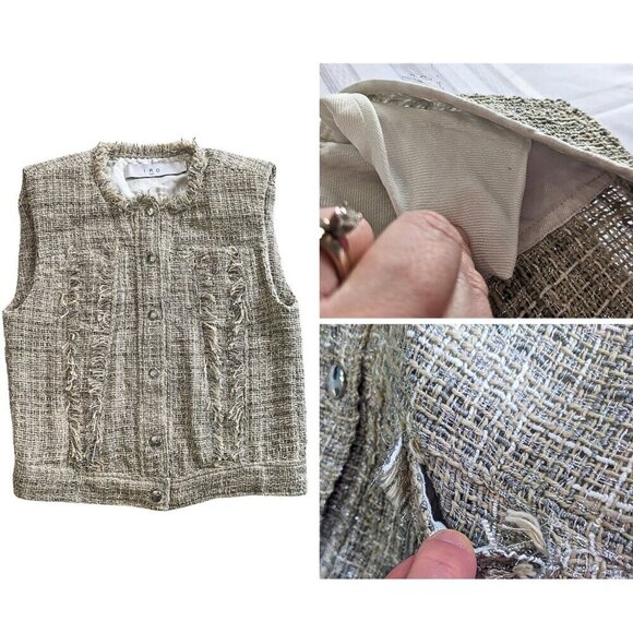 IRO Dilea Fringe Snap Mixed Beige & Metallic Silver Tweed Vest Jacket Size 34/XS - Picture 7 of 8